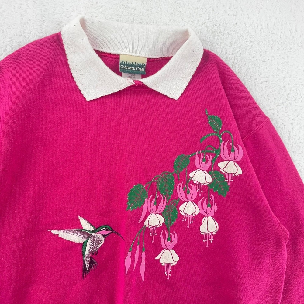 Vintage Coldwater Creek Hummingbird Collared Sweatshirt Womens BOXY Small Floral